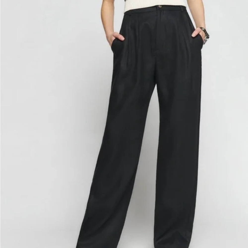Reformation mason linen pants black high rise drapey wide‎ leg trouser 8Petite